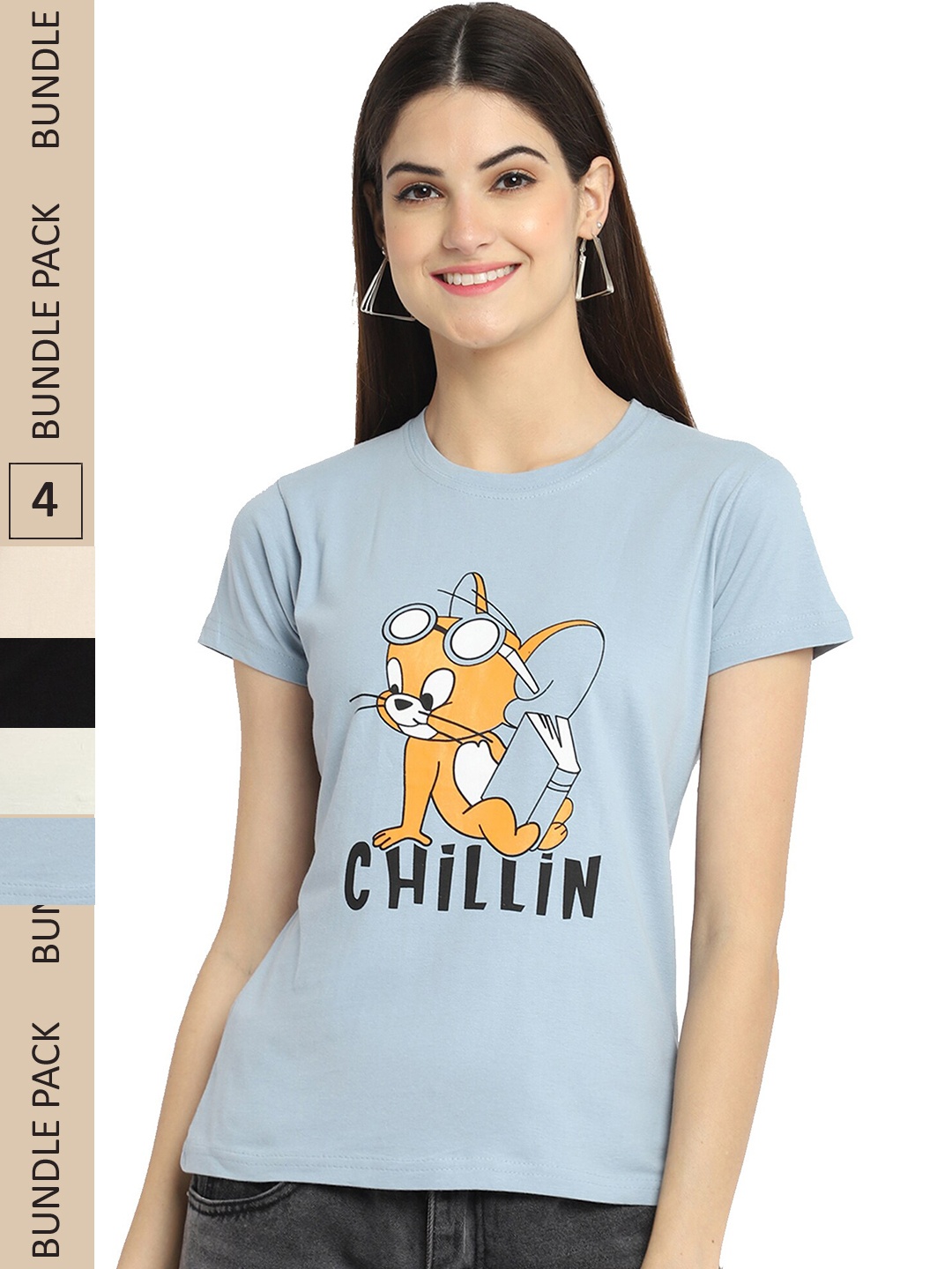 

Fabflee Pack Of 4 Printed Cotton T-shirts, Cream