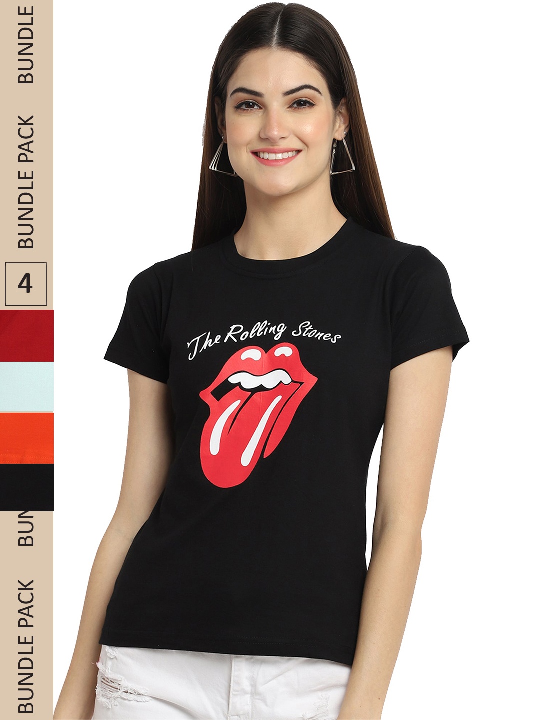 

Fabflee Pack Of 4 Printed Cotton T-shirts, Black
