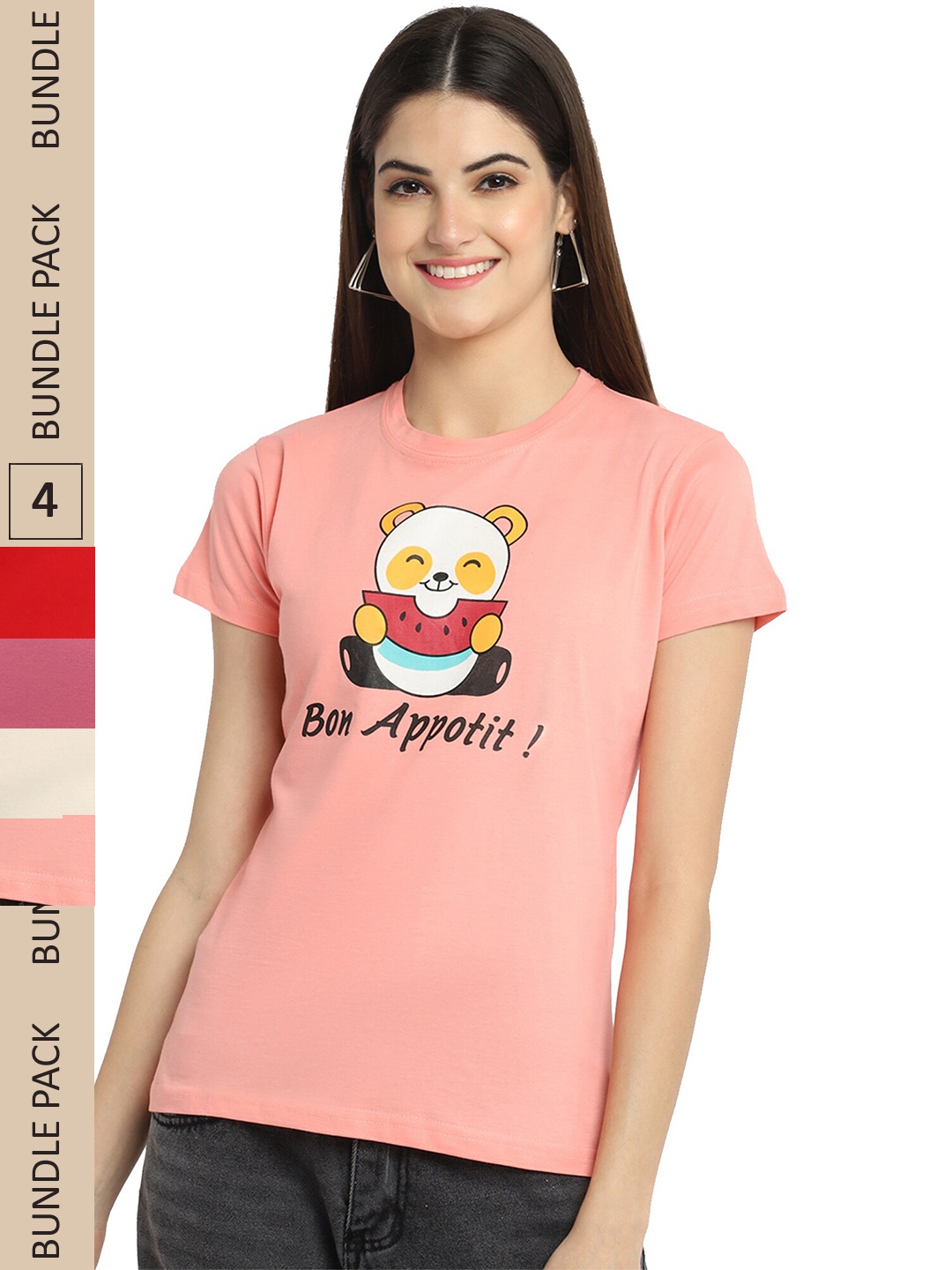 

Fabflee Pack Of 4 Printed Cotton T-shirts, Peach