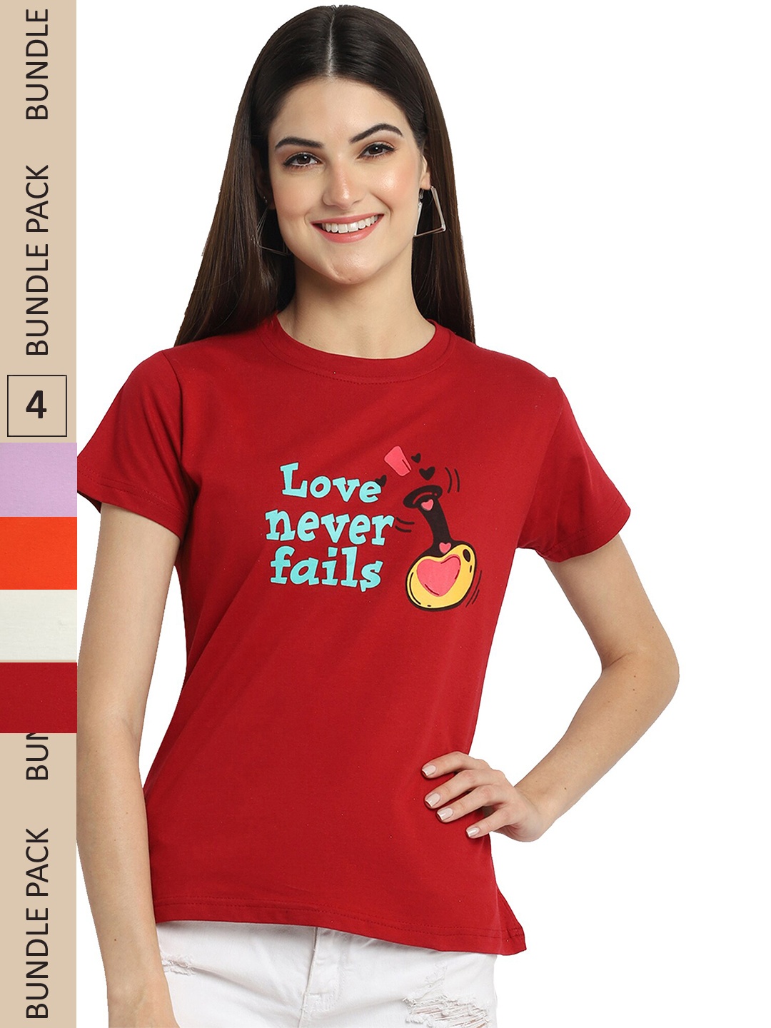 

Fabflee Pack Of 4 Typography Printed Cotton T-Shirts, Red