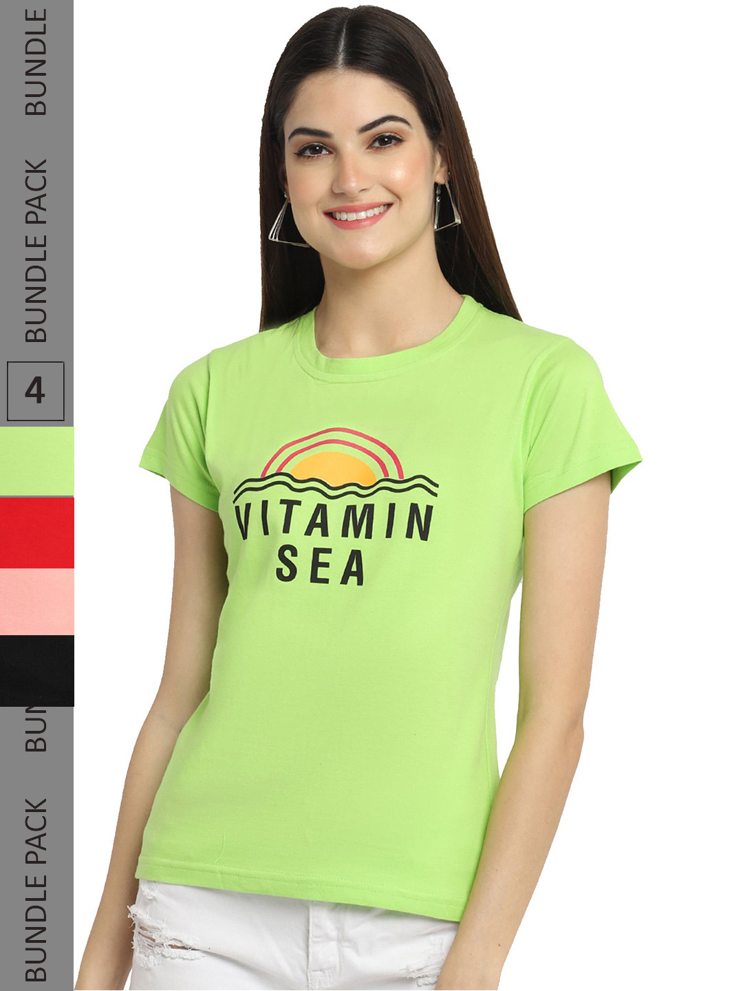 

Fabflee Pack Of 4 Printed Cotton T-shirts, Lime green