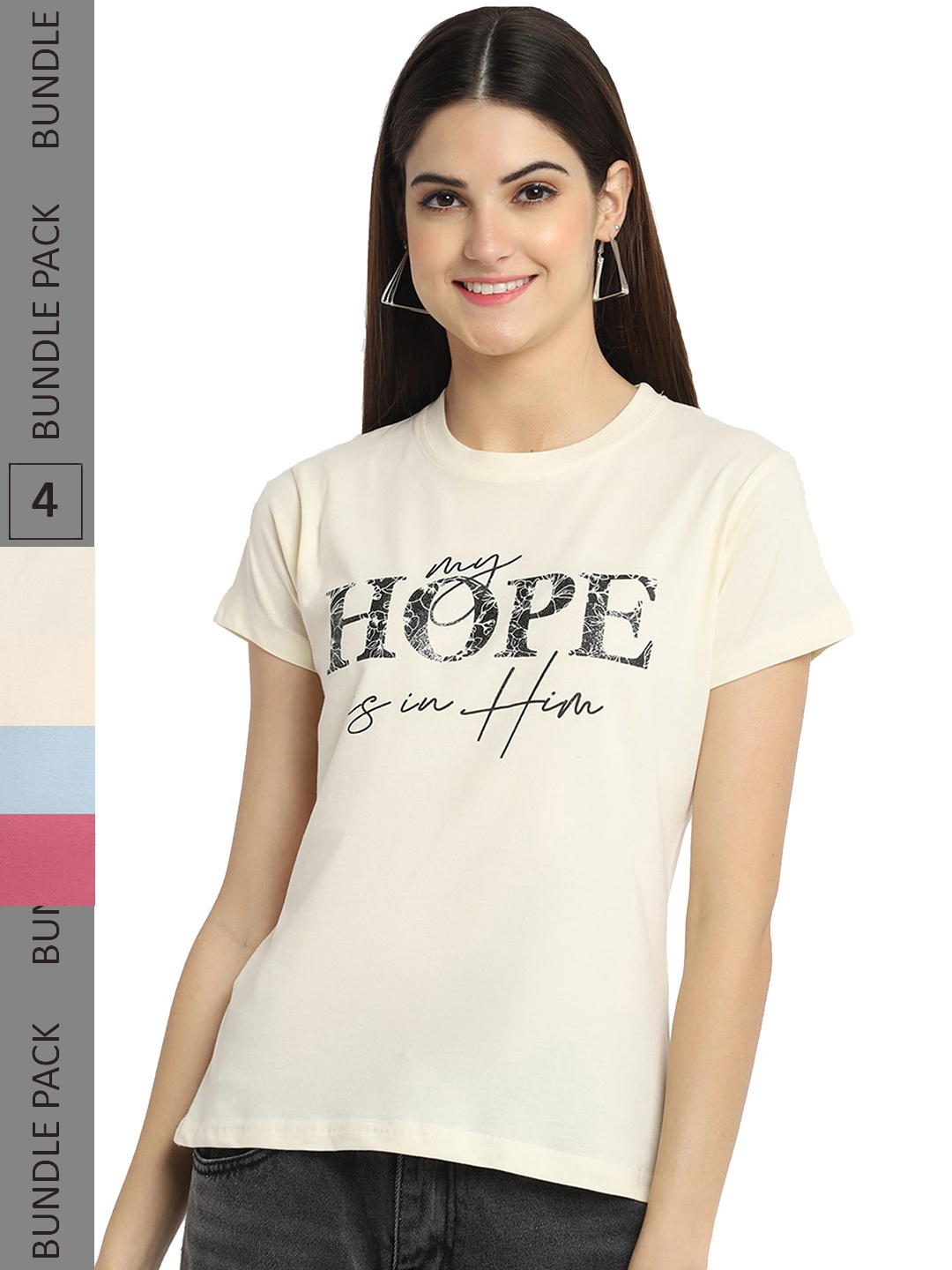 

Fabflee Pack Of 4 Printed Cotton T-shirts, Off white