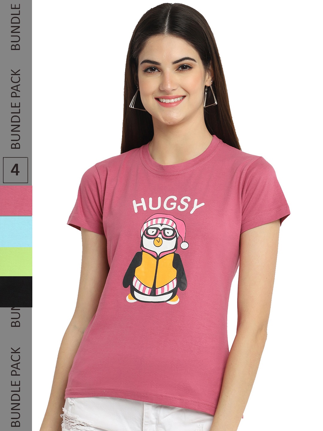 

Fabflee Pack Of 4 Typography Printed Cotton T-shirts, Pink