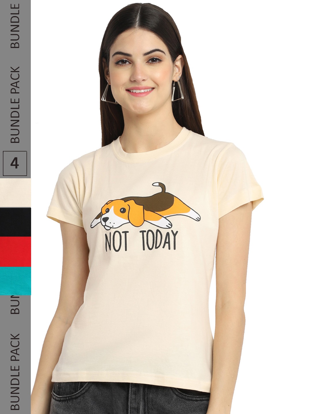 

Fabflee Pack Of 4 Humour And Comic Printed Cotton T-shirt, Teal