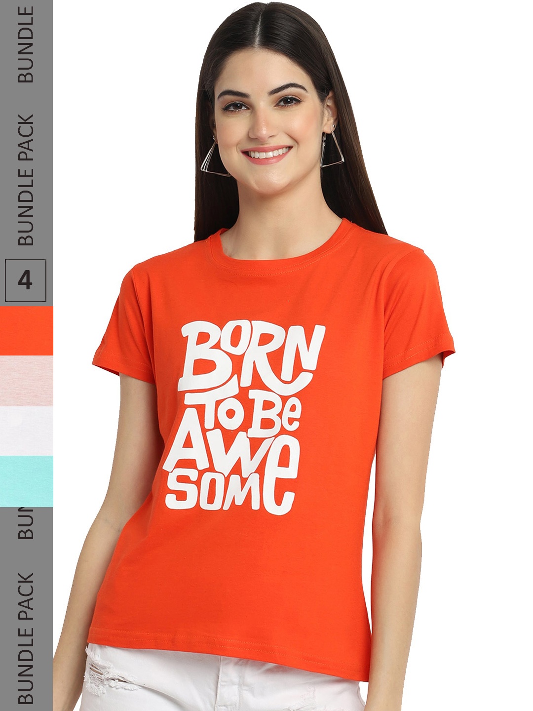 

Fabflee Pack Of 4 Typography Printed Cotton T-shirt, Orange