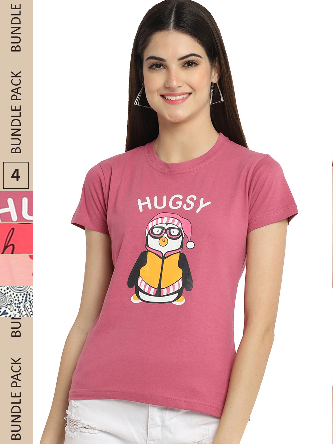 

Fabflee Pack Of 4 Printed Cotton T-shirts, Pink