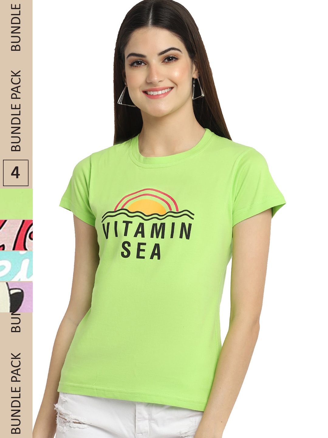 

Fabflee Pack Of 4 Typography Printed Cotton T-Shirt, Green