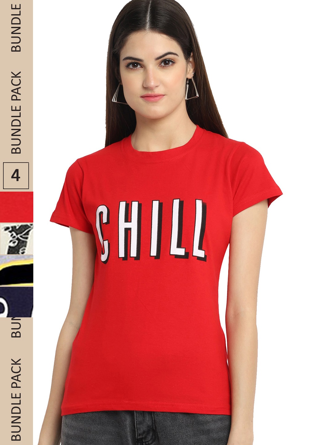 

Fabflee Pack Of 4 Typography Printed Cotton T-shirt, Red