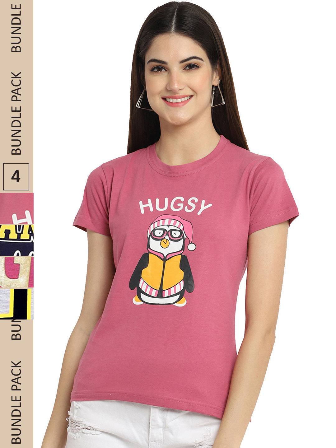 

Fabflee Pack Of 4 Printed Cotton T-Shirts, Pink