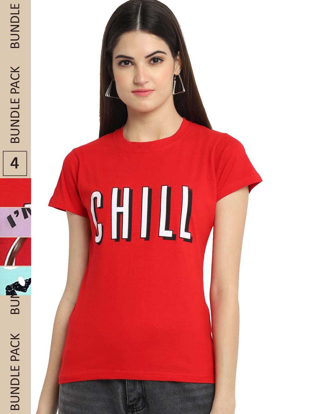

Fabflee Pack Of 4 Printed Cotton T-shirts, Red