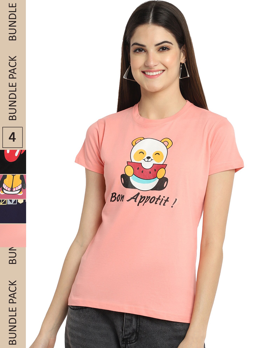 

Fabflee Pack Of 4 Printed Cotton T-shirts, Peach