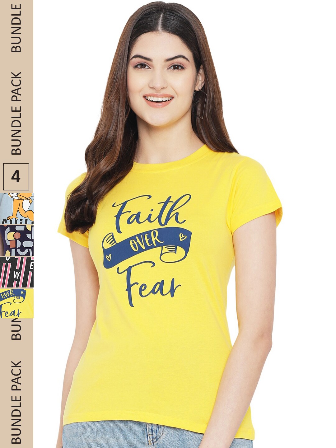 

Fabflee Pack Of 4 Printed Cotton T-shirts, Yellow