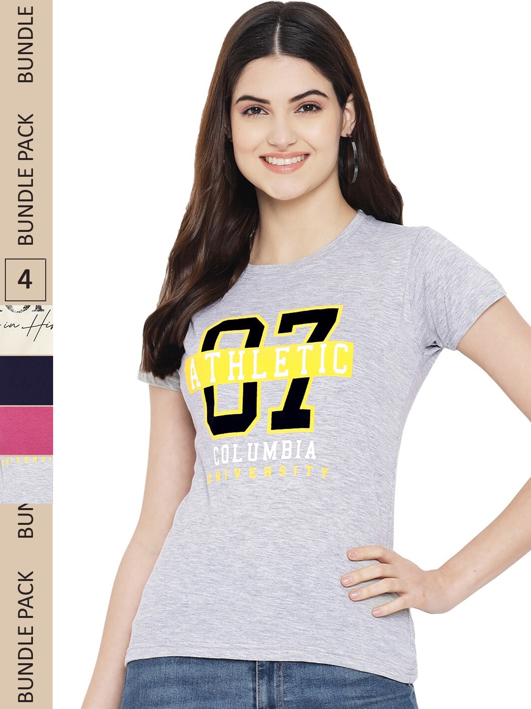 

Fabflee Pack Of 4 Typography Printed Cotton T-shirt, Grey