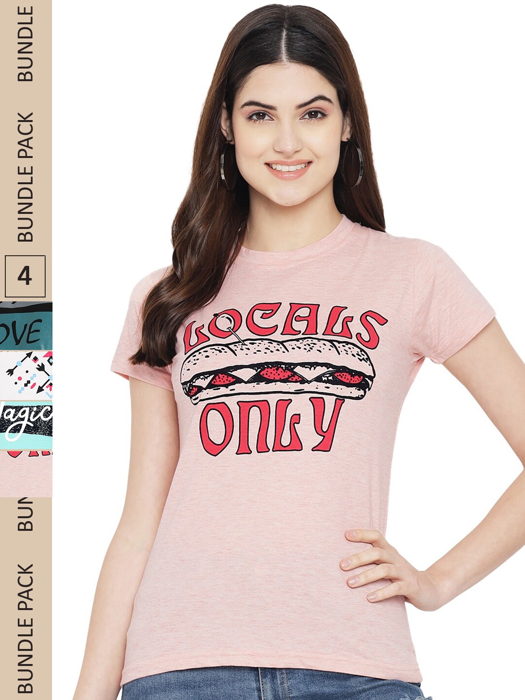 

Fabflee Pack Of 4 Typography Printed Cotton T-Shirt, Pink