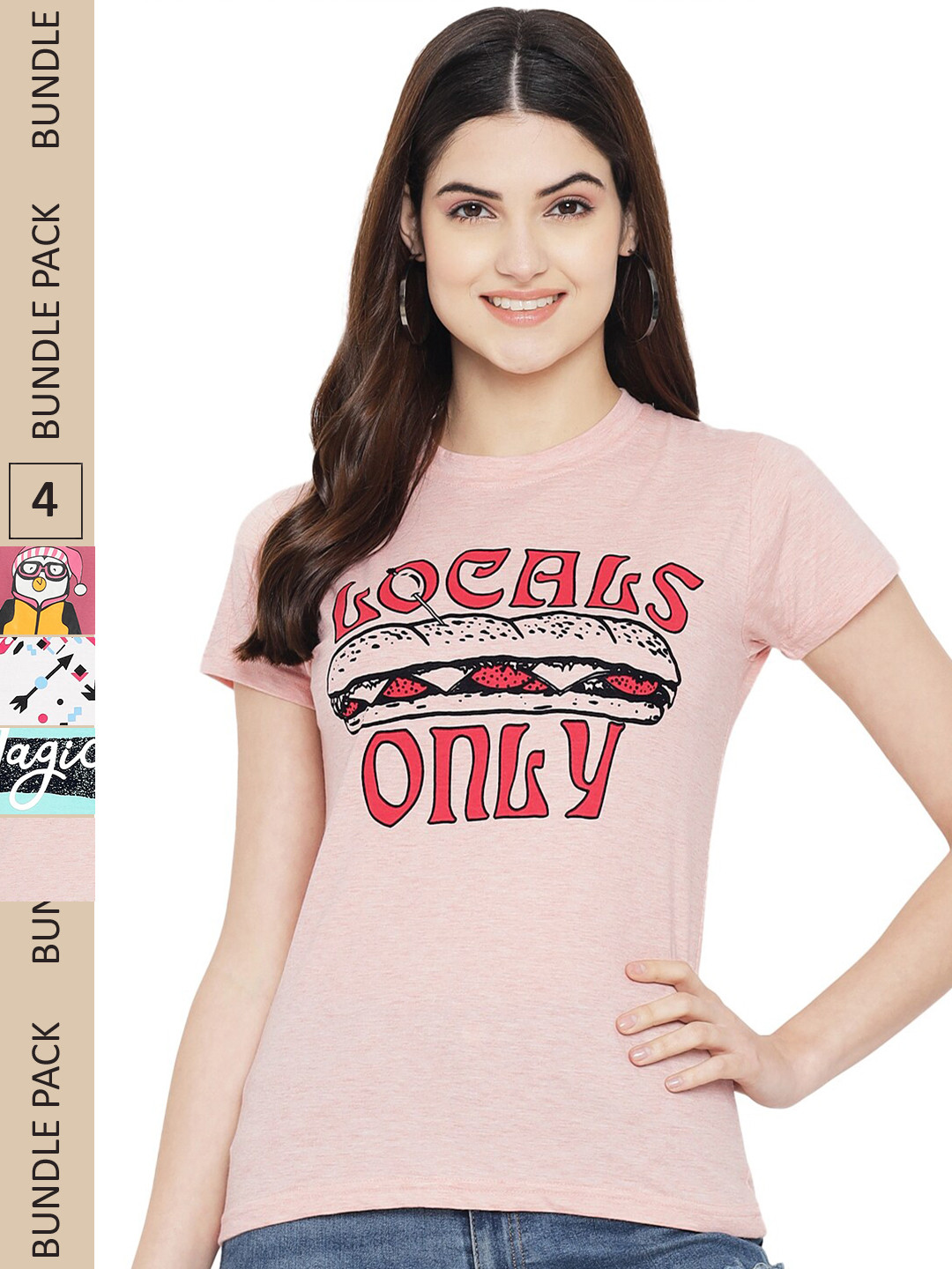 

Fabflee Pack of 4 Typography Printed Round Neck Cotton T-shirt, Peach