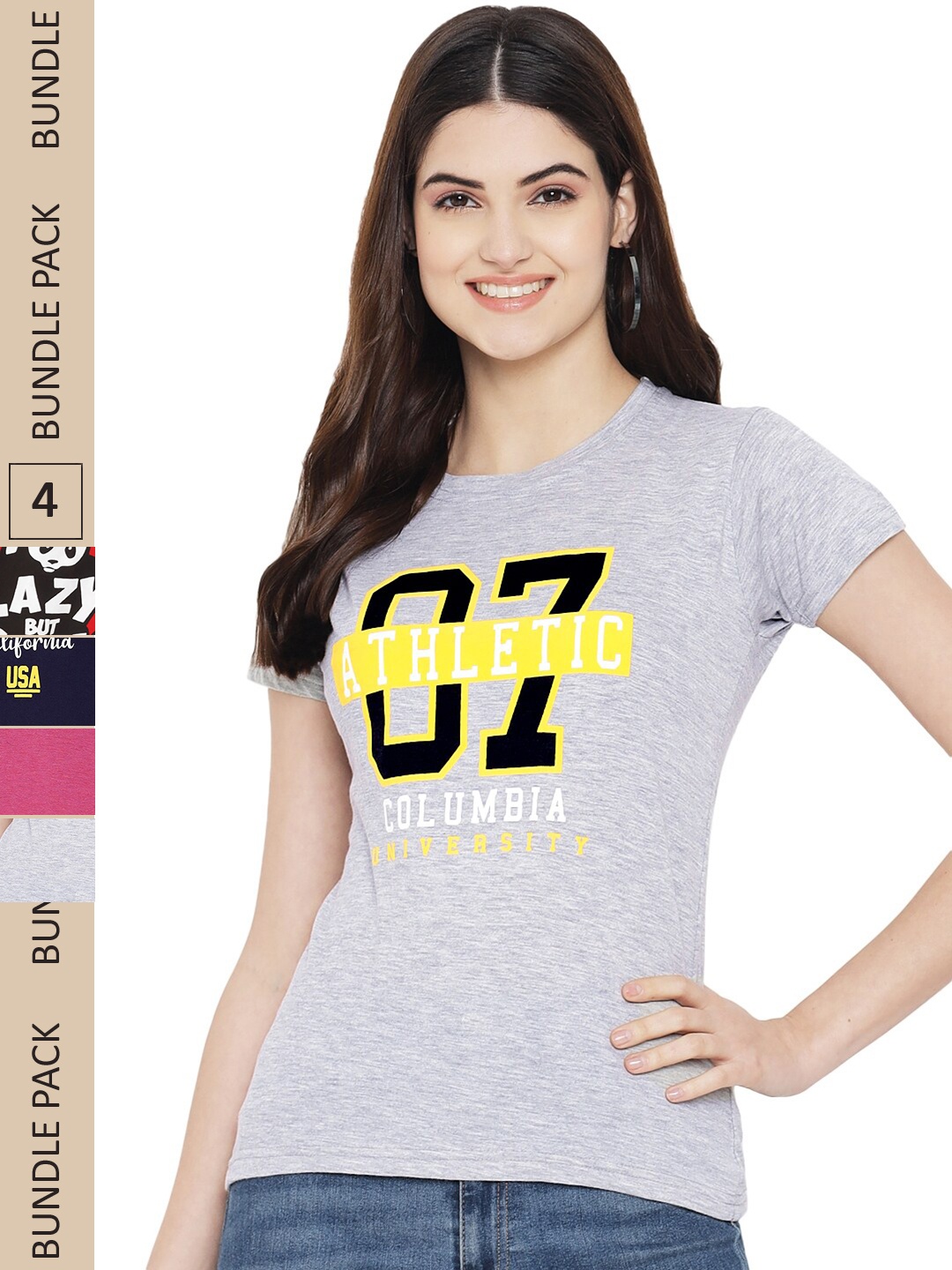

Fabflee Pack Of 4 Typography Printed Cotton T-shirt, Grey