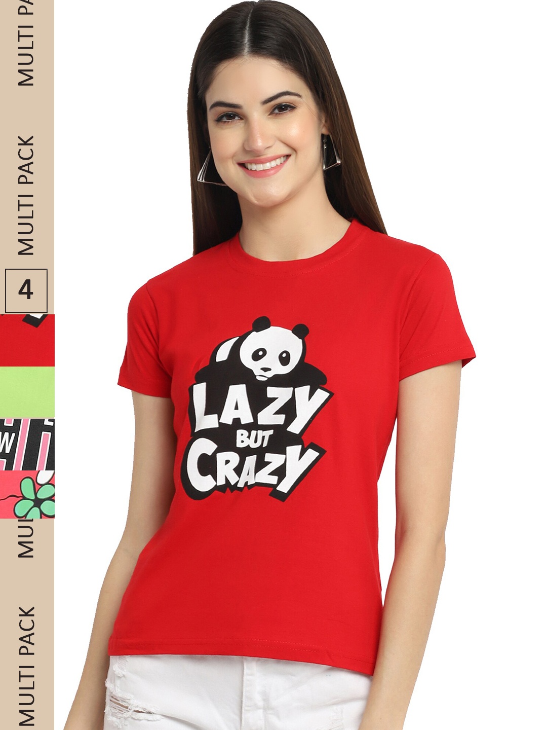 

Fabflee Pack Of 4 Typography Printed Cotton T-Shirt, Red