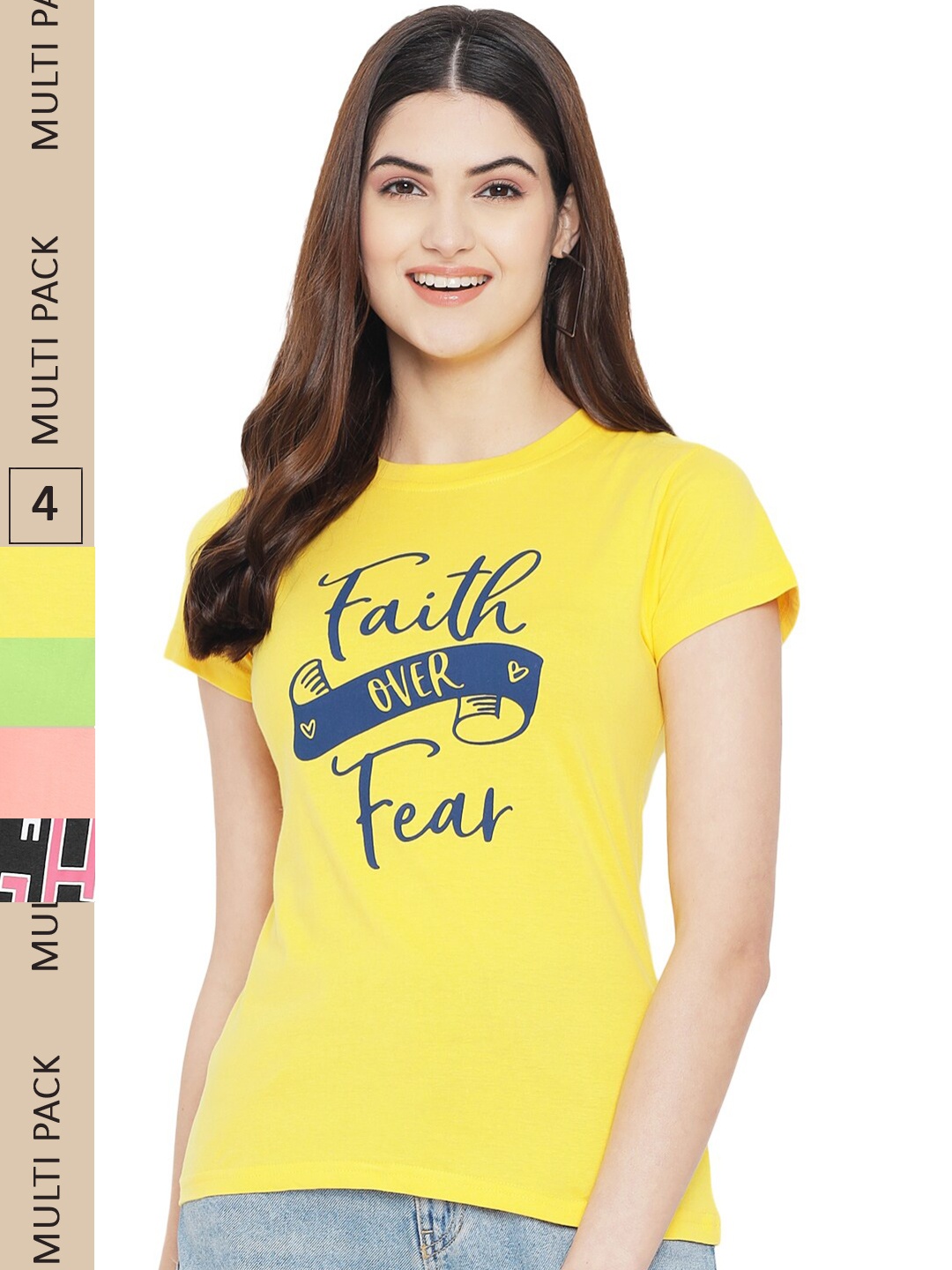 

Fabflee Pack Of 4 Typography Printed Cotton T-shirt, Yellow