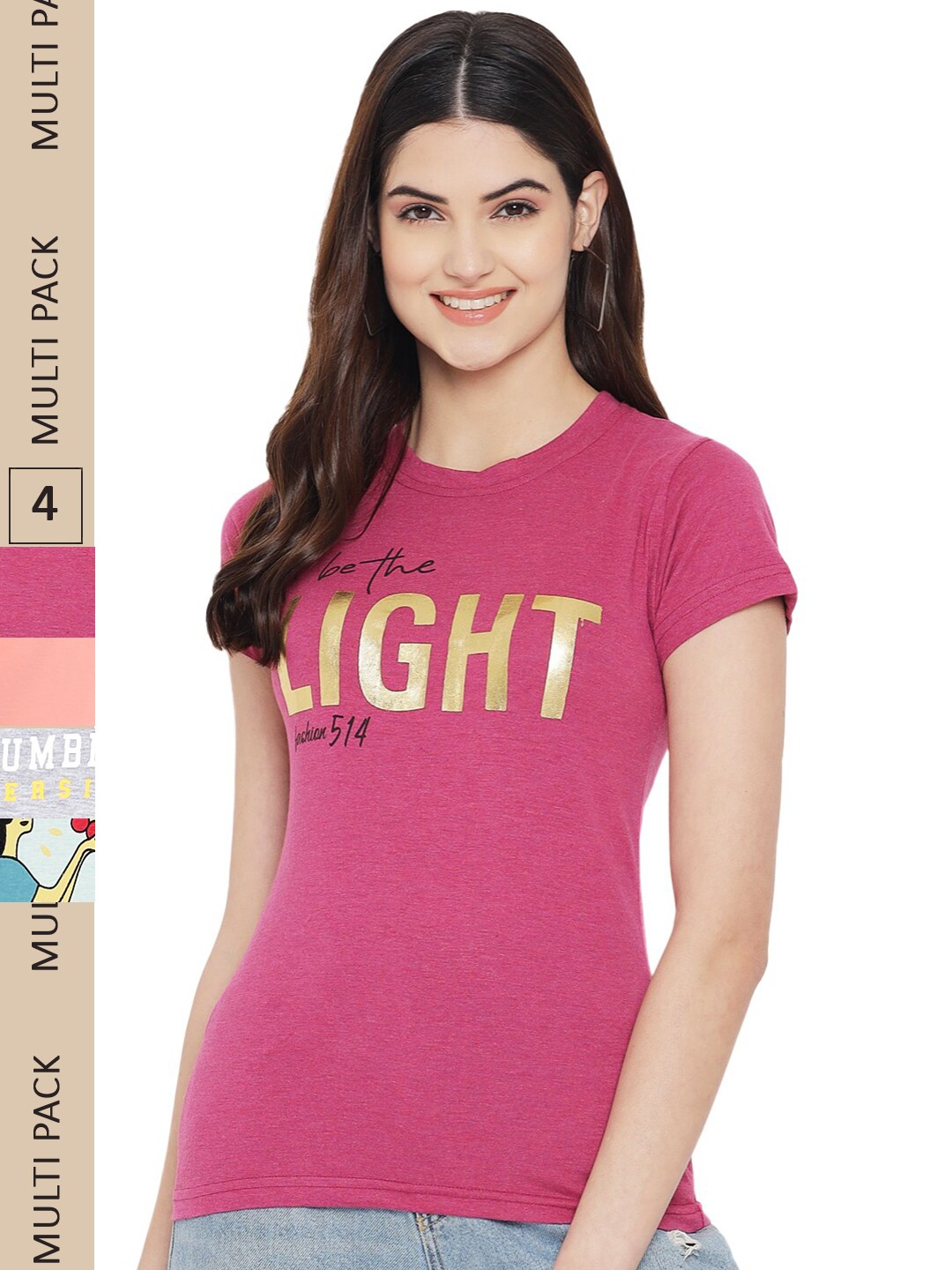 

Fabflee Pack of 4 Graphic Printed Round Neck Cotton T-shirt, Pink