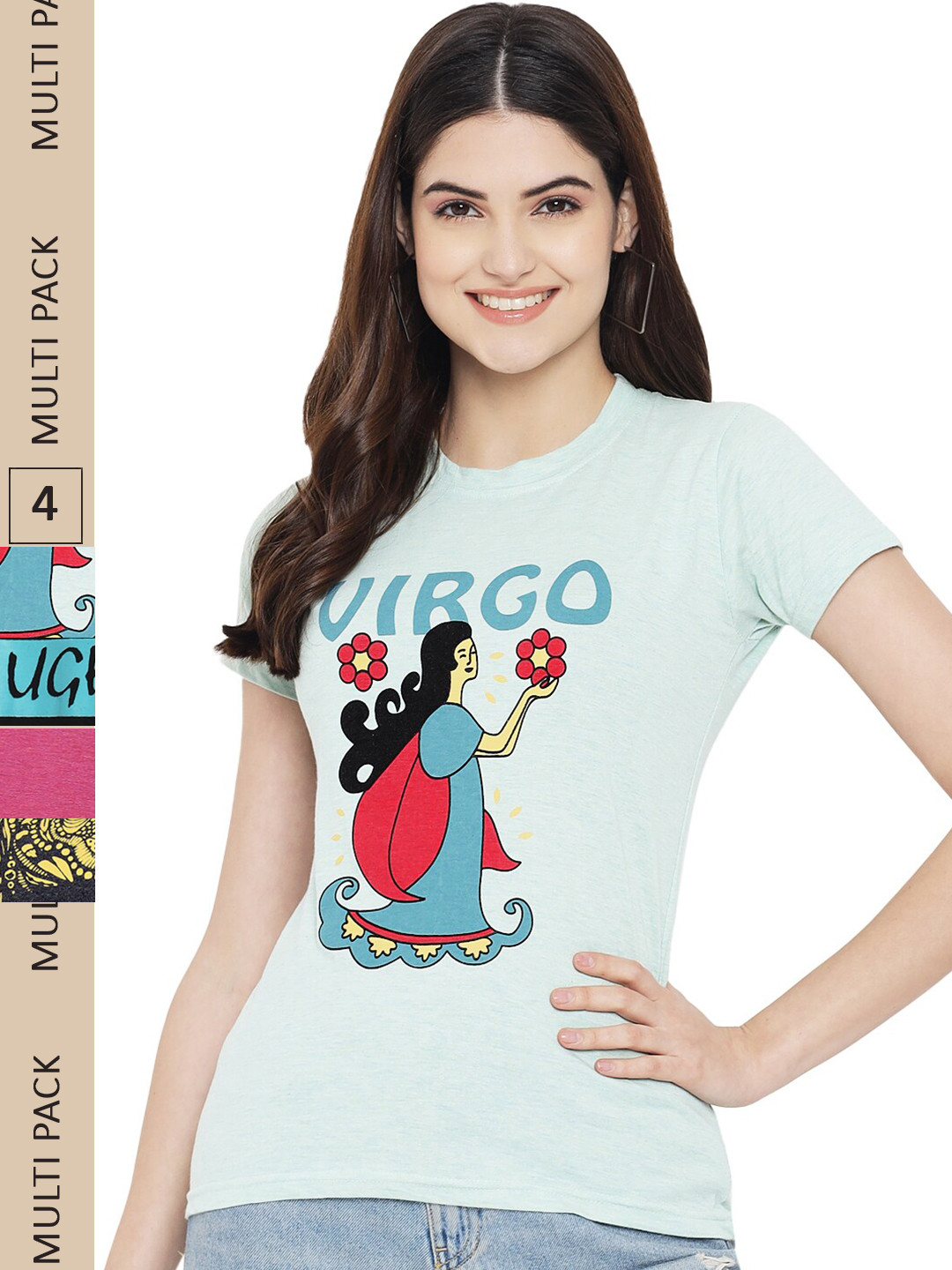 

Fabflee Pack Of 4 Typography Printed Regular Fit Cotton T-shirt, Sea green