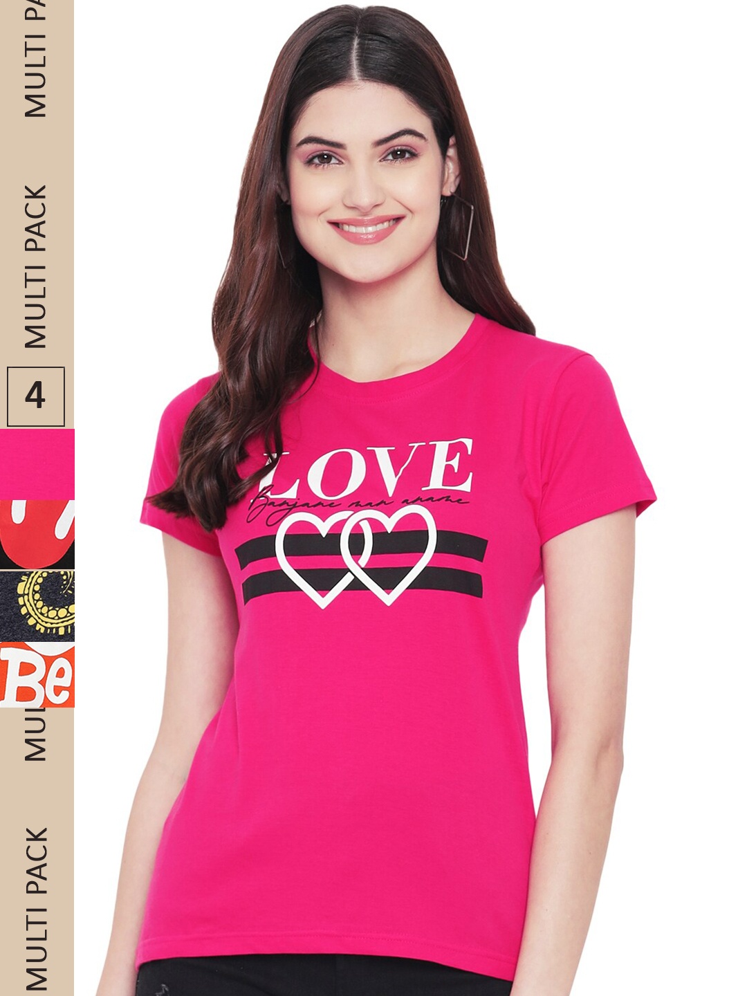 

Fabflee Pack Of 4 Printed Cotton T-shirts, Pink