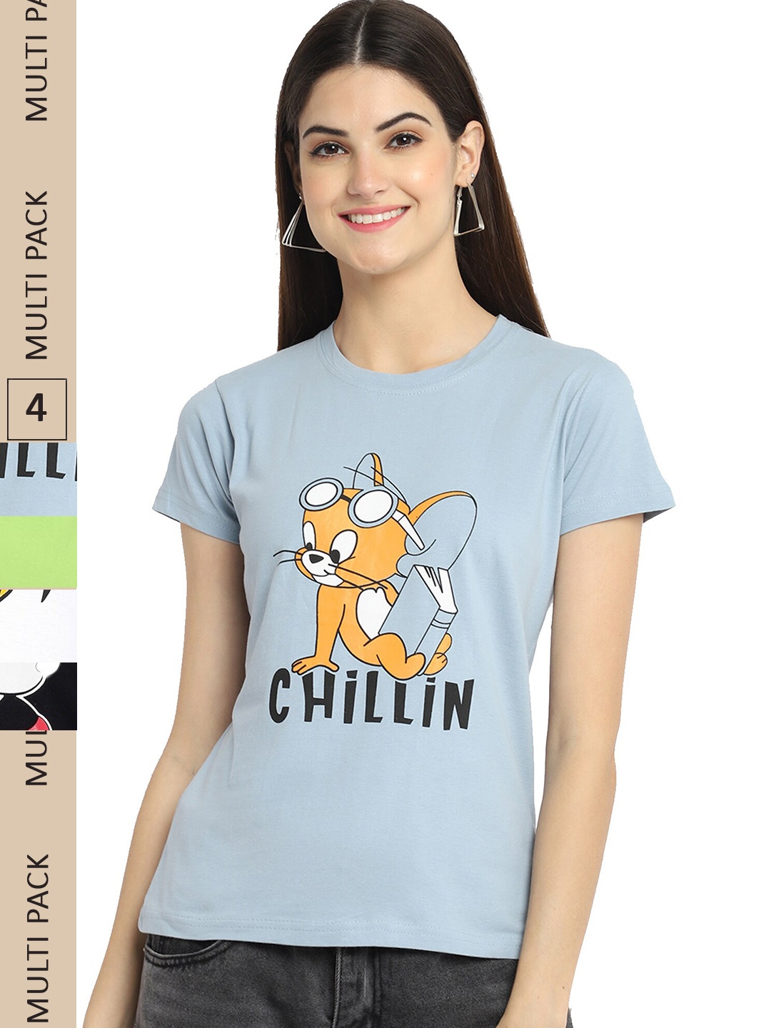 

Fabflee Pack of 4 Graphic Printed Round Neck Cotton T-shirt, Blue
