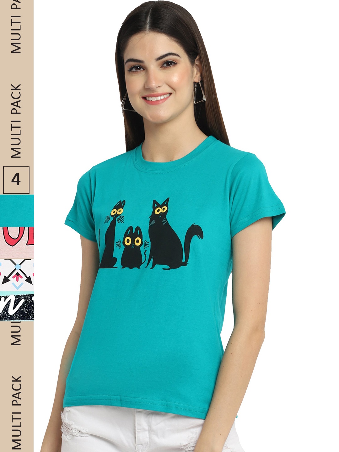 

Fabflee Pack Of 4 Printed Cotton T-shirts, Teal