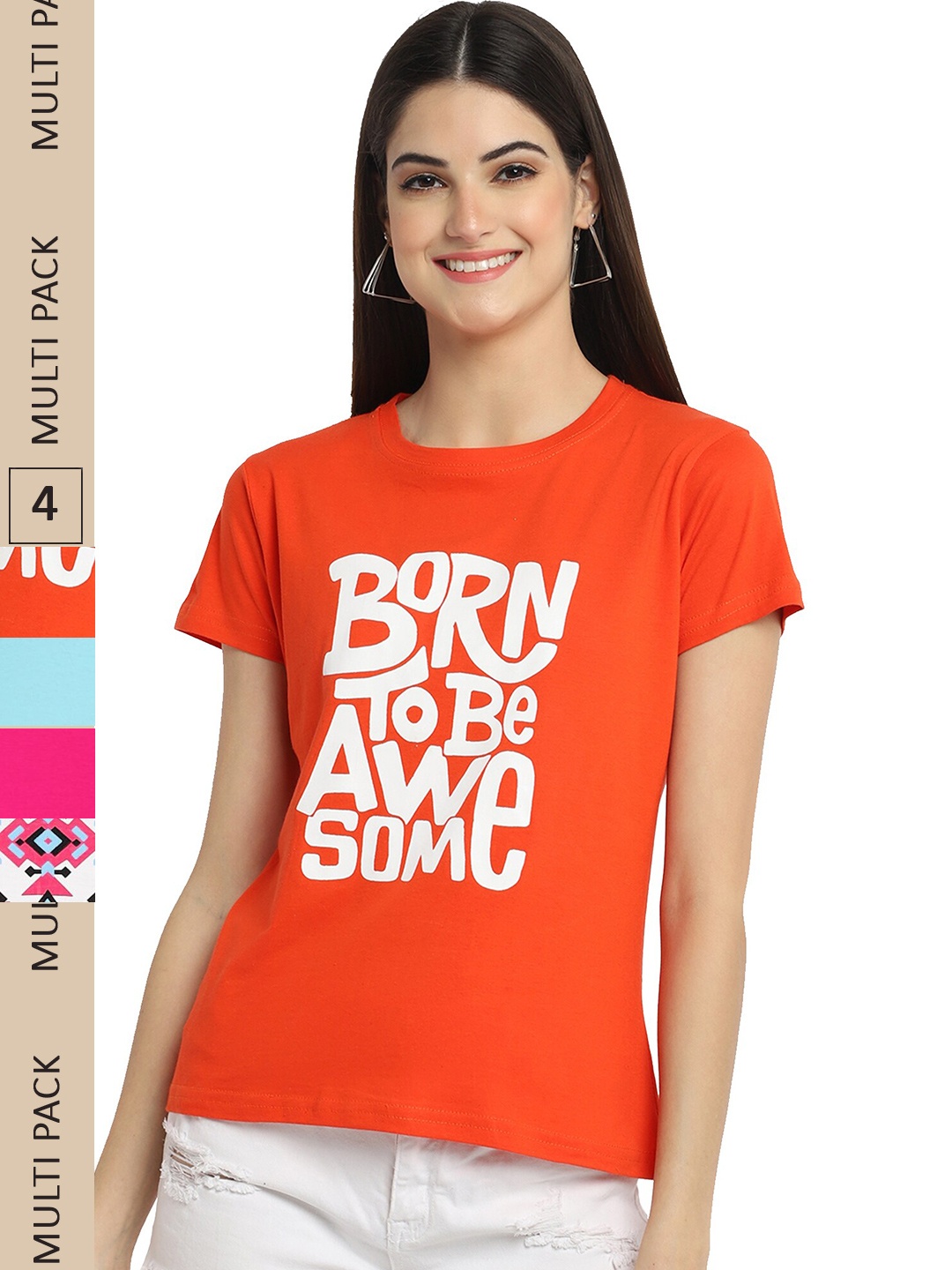 

Fabflee Pack of 4 Graphic Printed Round Neck Cotton T-shirt, Orange