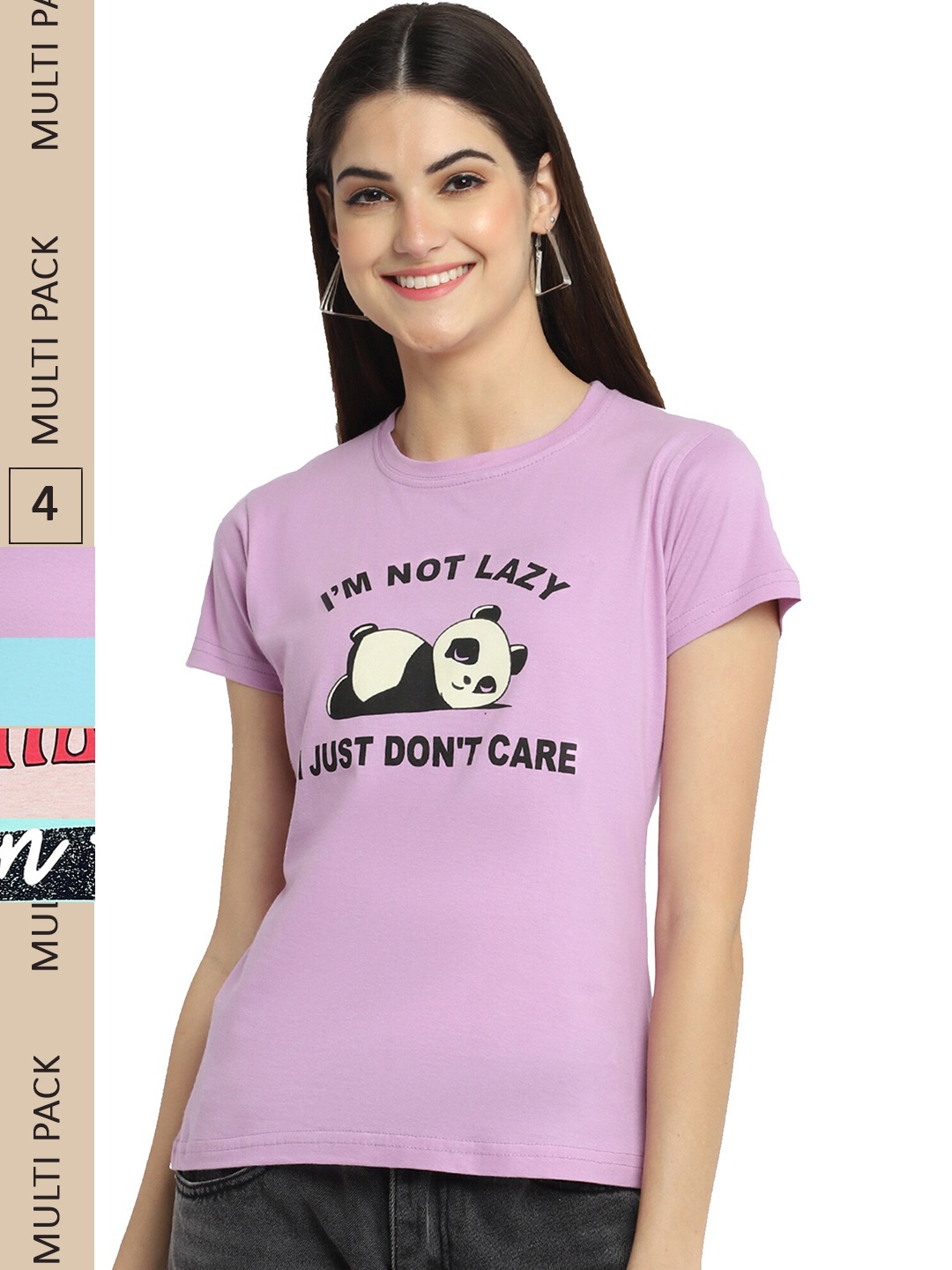 

Fabflee Pack Of 4 Typography Printed Cotton T-shirt, Lavender