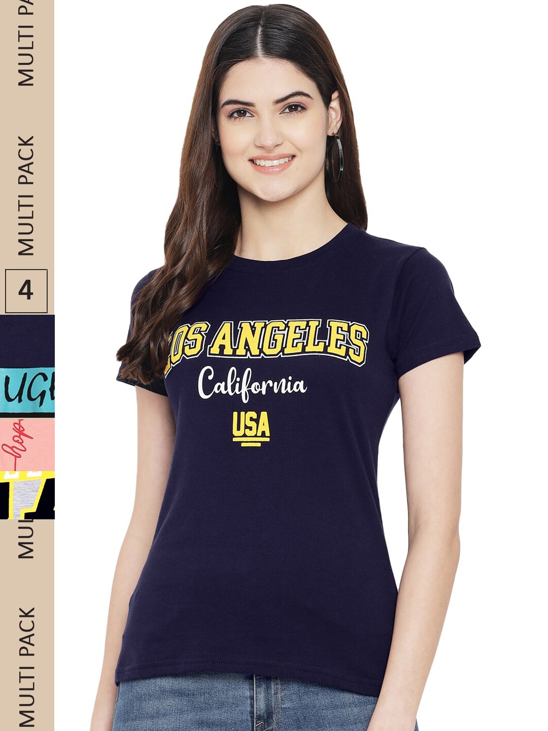 

Fabflee Pack Of 4 Typography Printed Cotton T-shirt, Navy blue