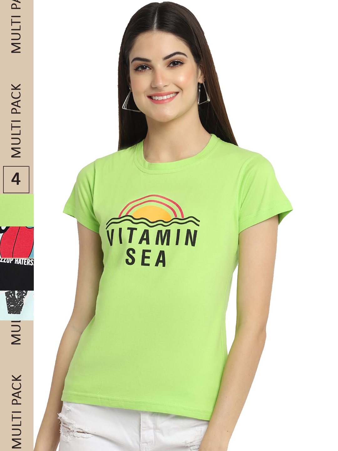 

Fabflee Pack Of 4 Typography Printed Cotton T-shirt, Green