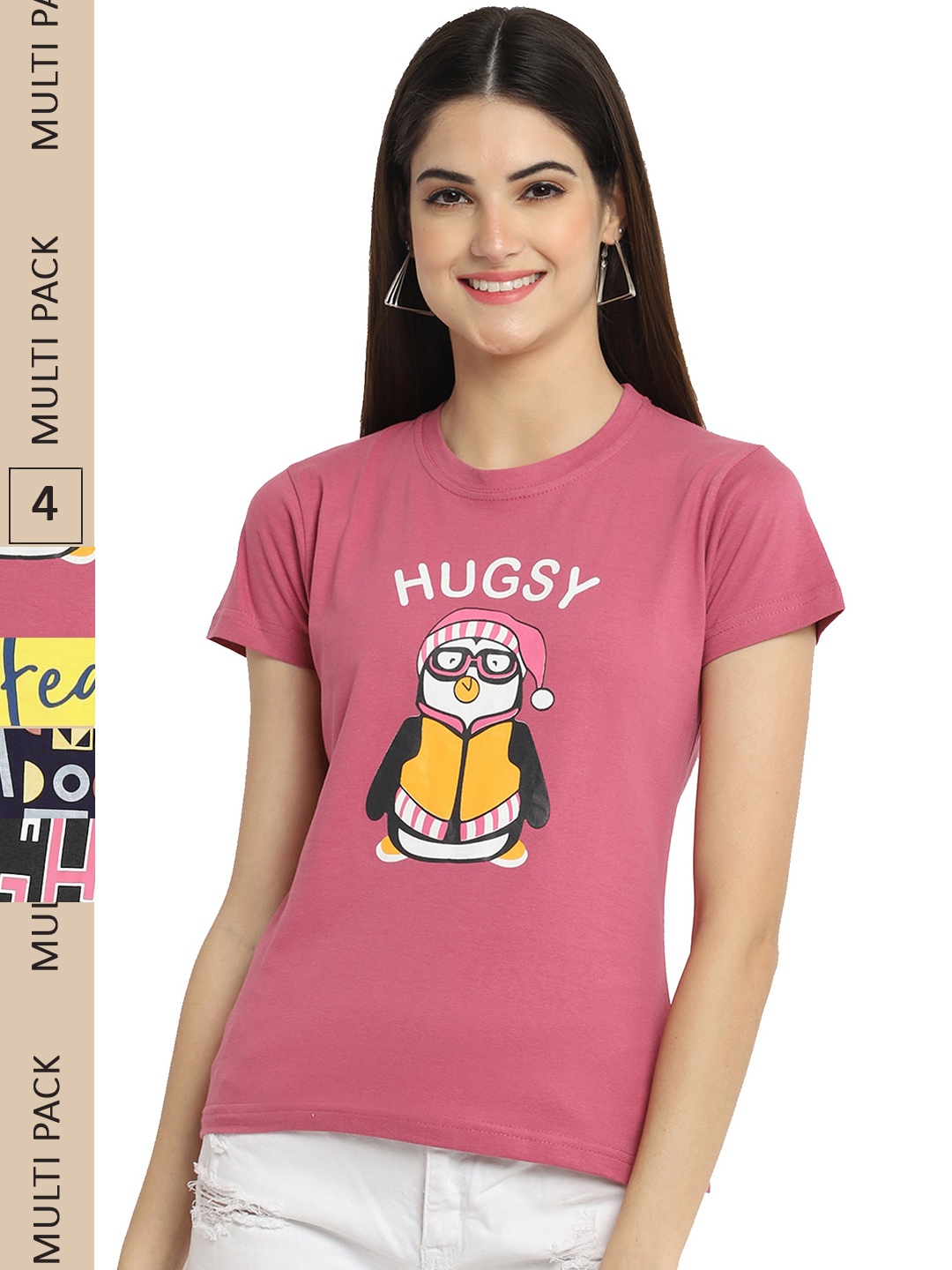 

Fabflee Pack Of 4 Graphic Printed Cotton T-shirt, Pink
