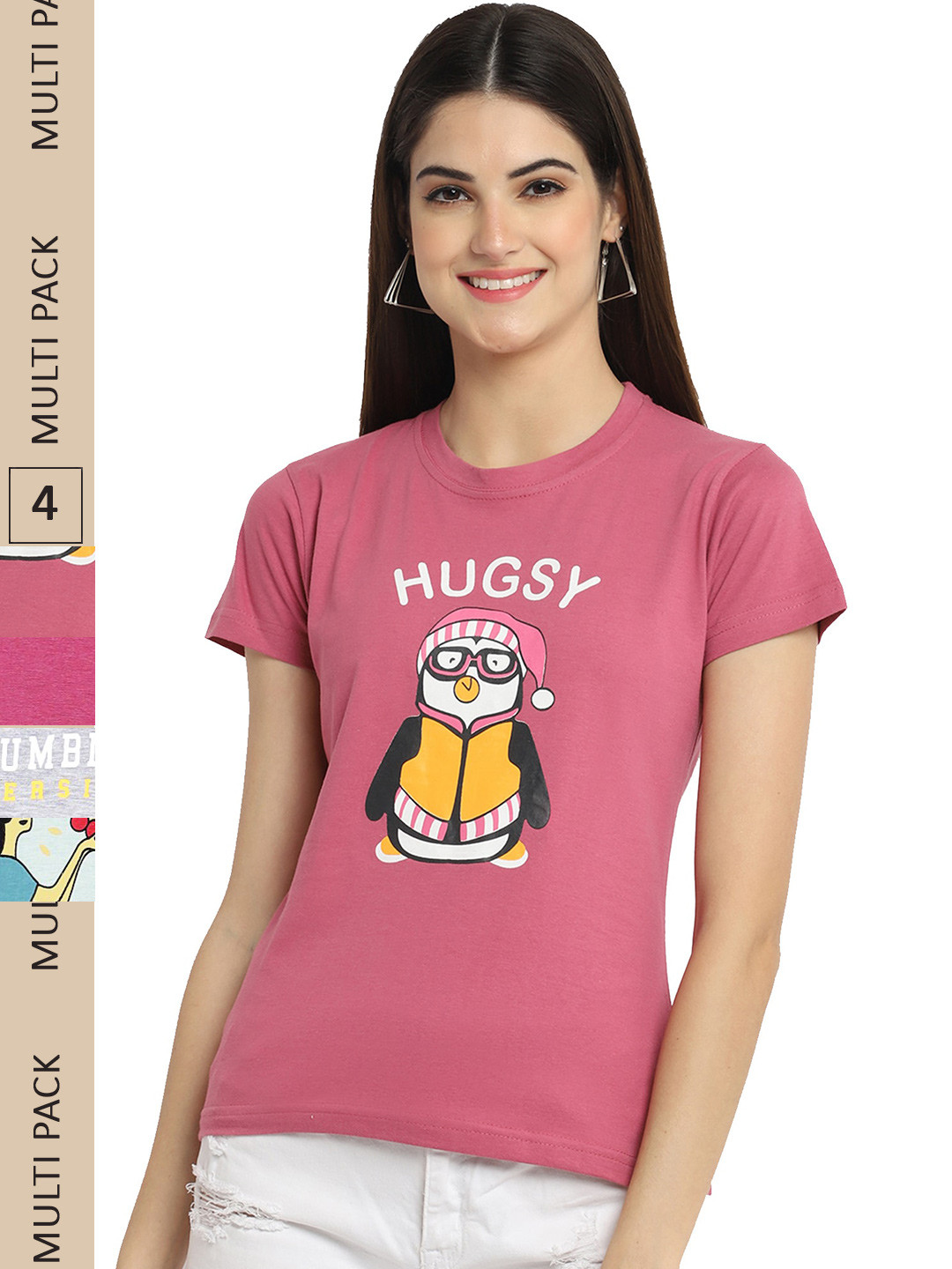 

Fabflee Pack Of 4 Typography Printed Cotton T-Shirt, Pink