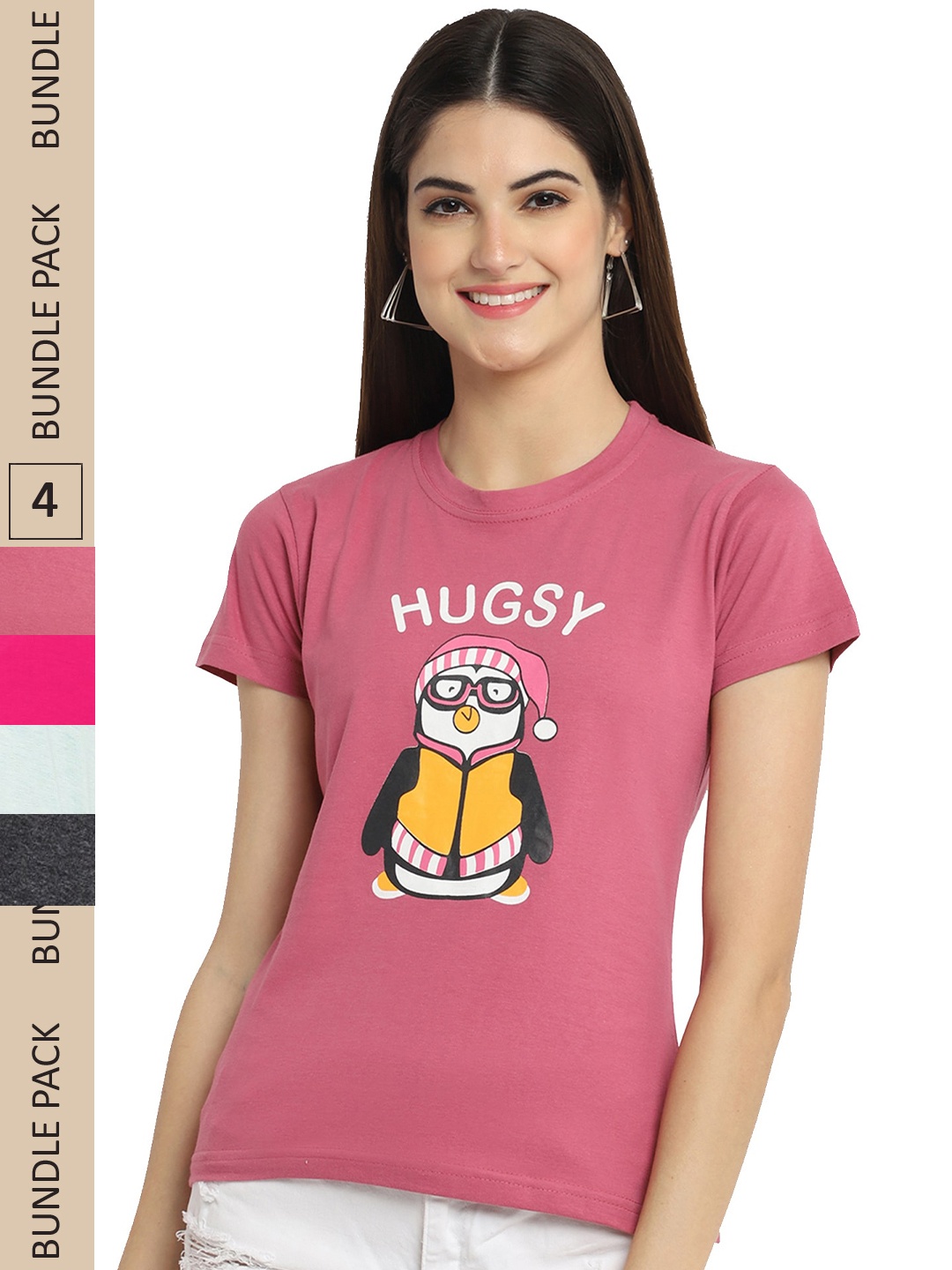 

Fabflee Pack Of 4 Graphic Printed Cotton T-shirt, Pink