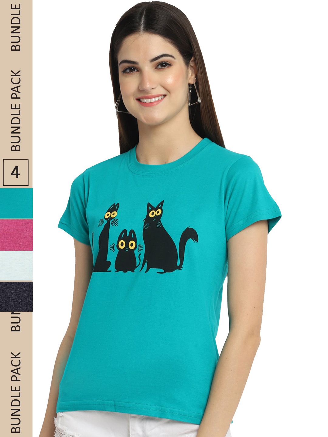 

Fabflee Pack Of 4 Graphic Printed Cotton T-shirt, Teal