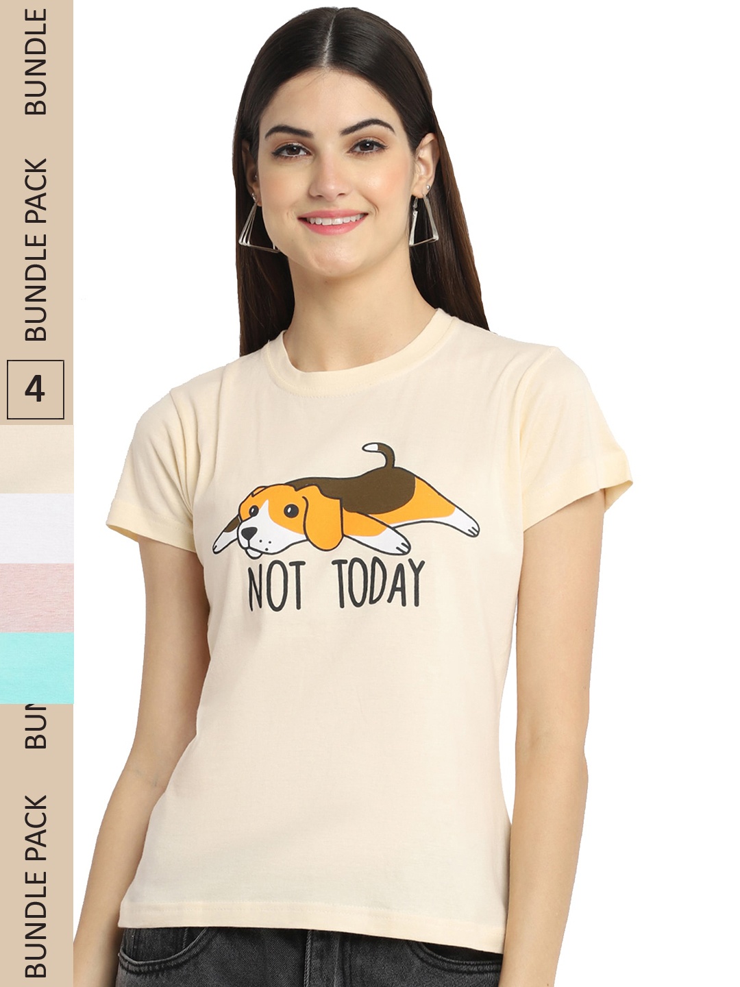 

Fabflee Pack Of 4 Printed Cotton T-shirts, Cream