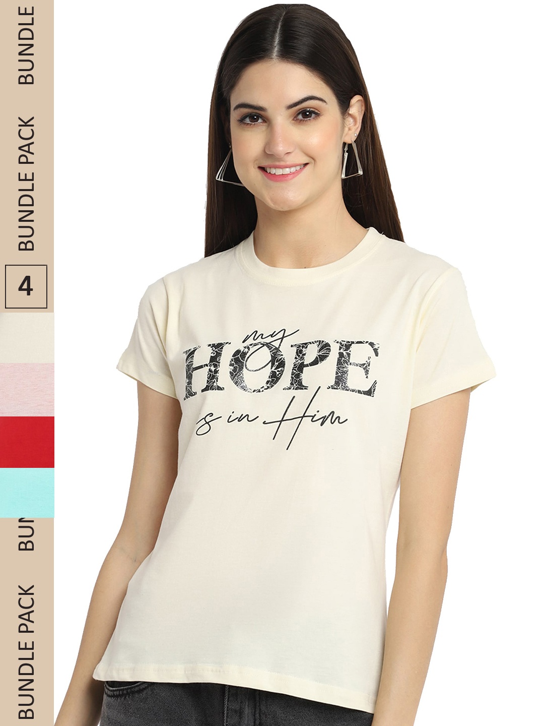 

Fabflee Pack Of 4 Typography Printed Regular Fit Cotton T-shirt, Cream