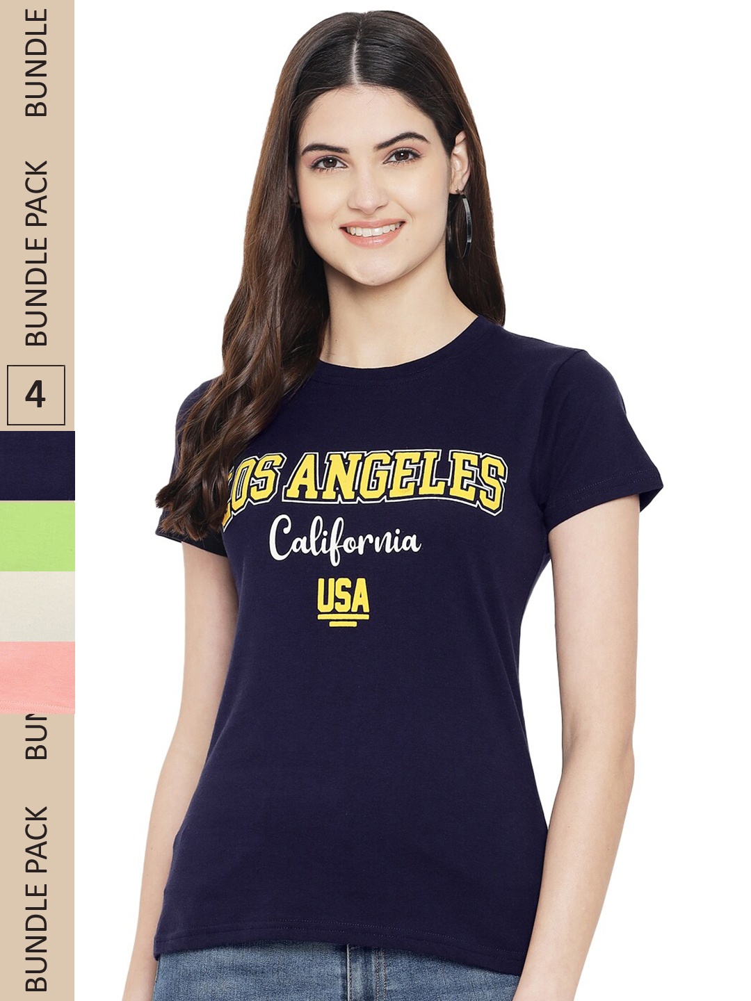 

Fabflee Pack Of 4 Printed Cotton T-shirts, Navy blue