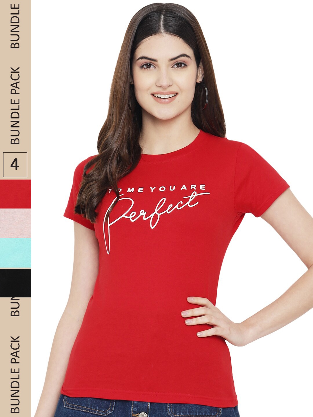 

Fabflee Pack Of 4 Typography Printed Cotton T-shirt, Red