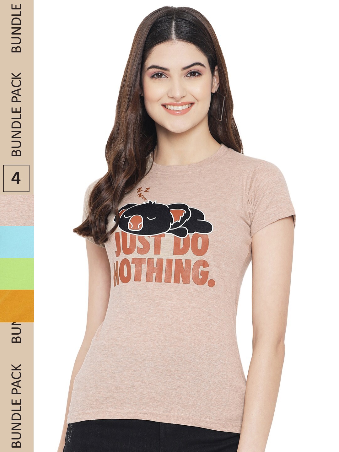 

Fabflee Pack Of 4 Typography Printed Cotton T-shirt, Beige