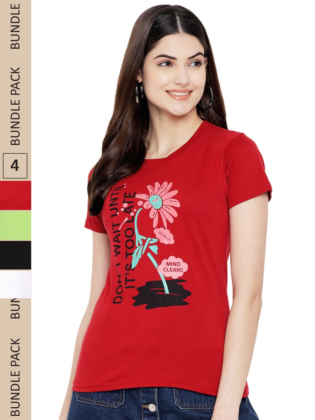 

Fabflee Pack Of 4 Printed Cotton T-shirts, Red