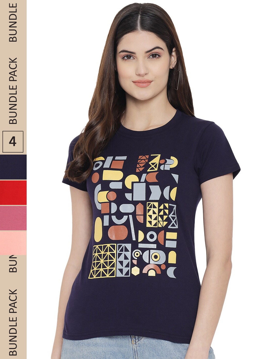 

Fabflee Pack Of 4 Printed Cotton T-shirts, Navy blue