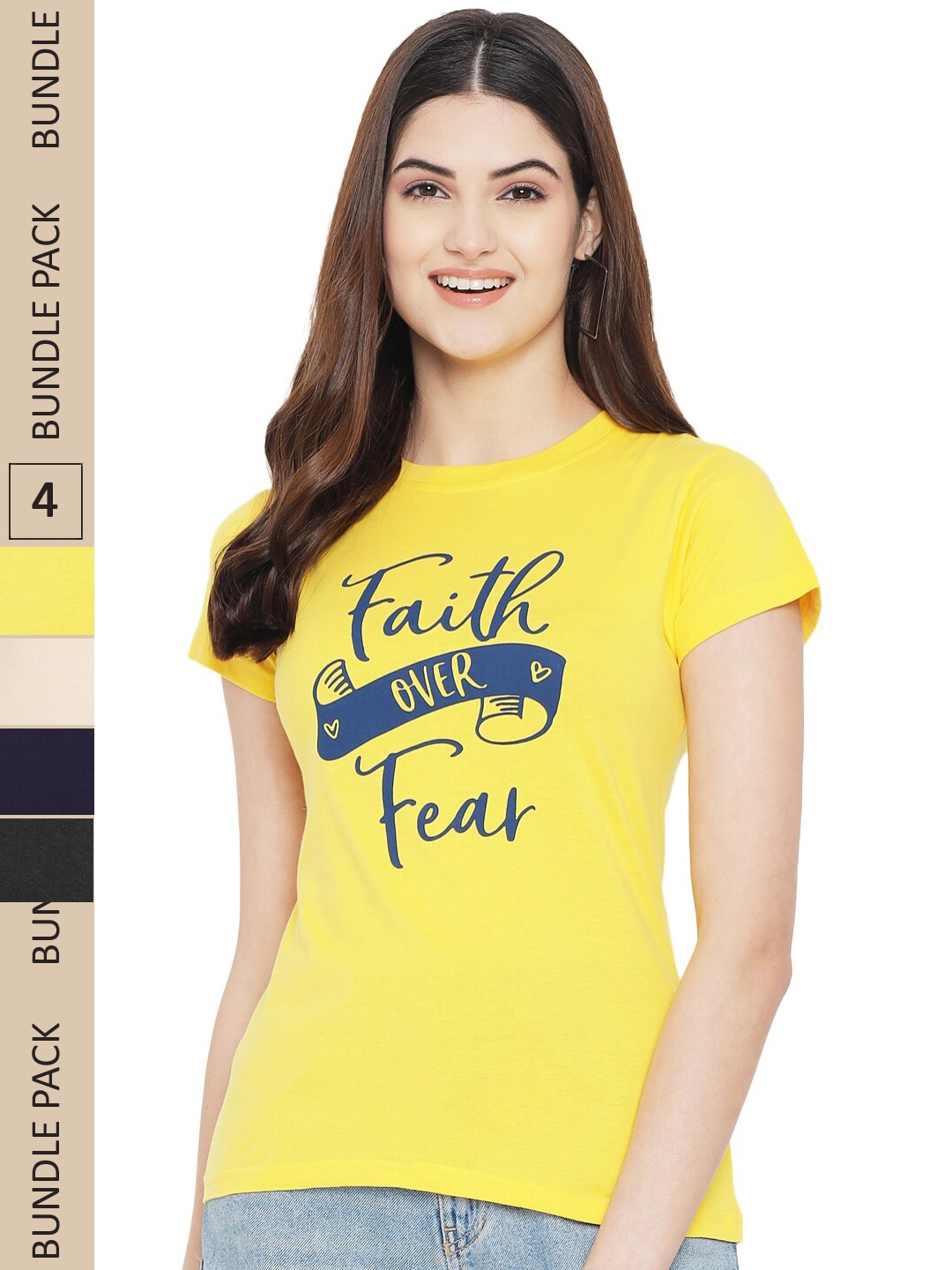 

Fabflee Pack Of 4 Printed Cotton T-shirts, Yellow