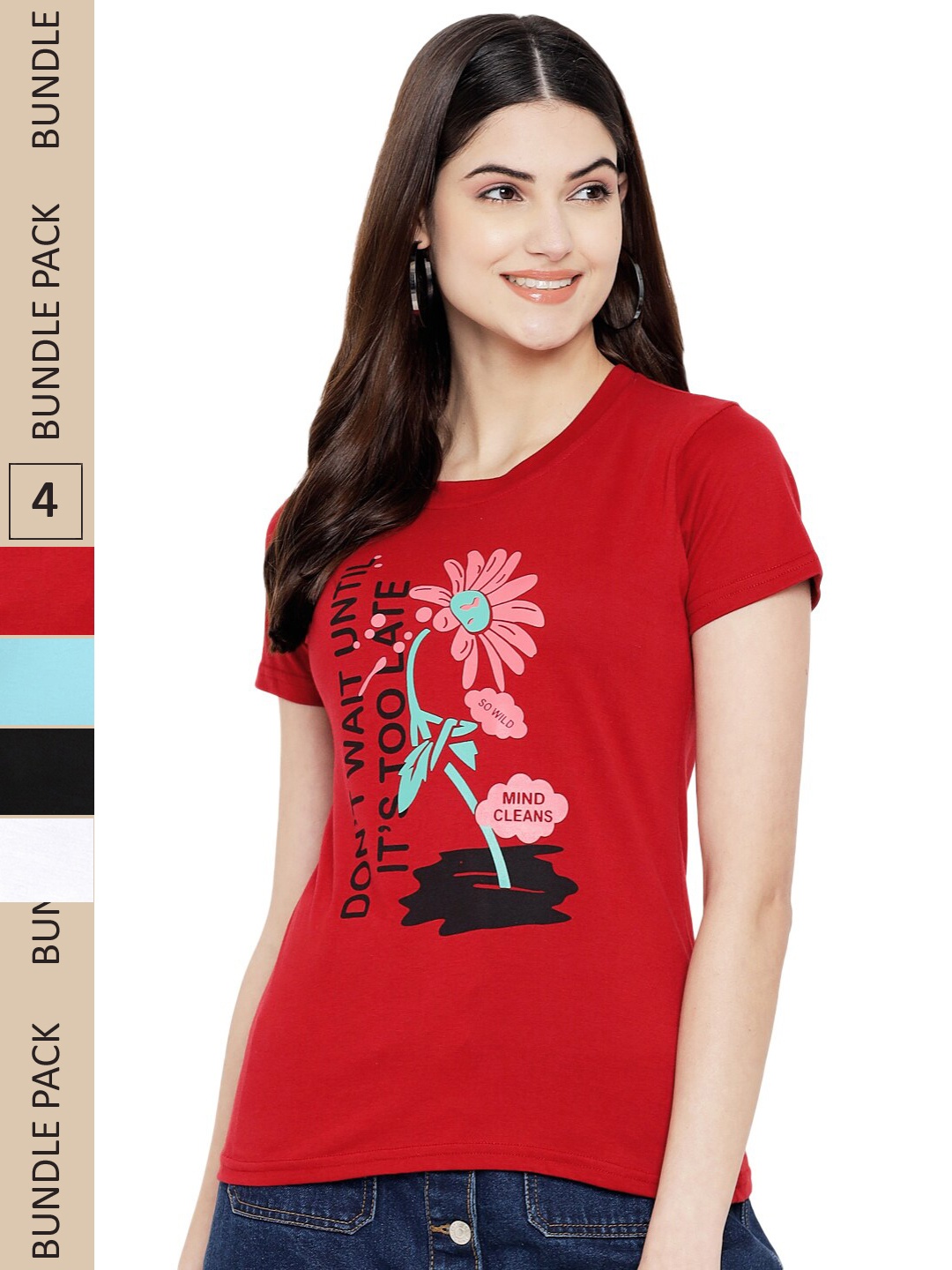 

Fabflee Pack Of 4 Typography Printed Cotton T-Shirt, Red