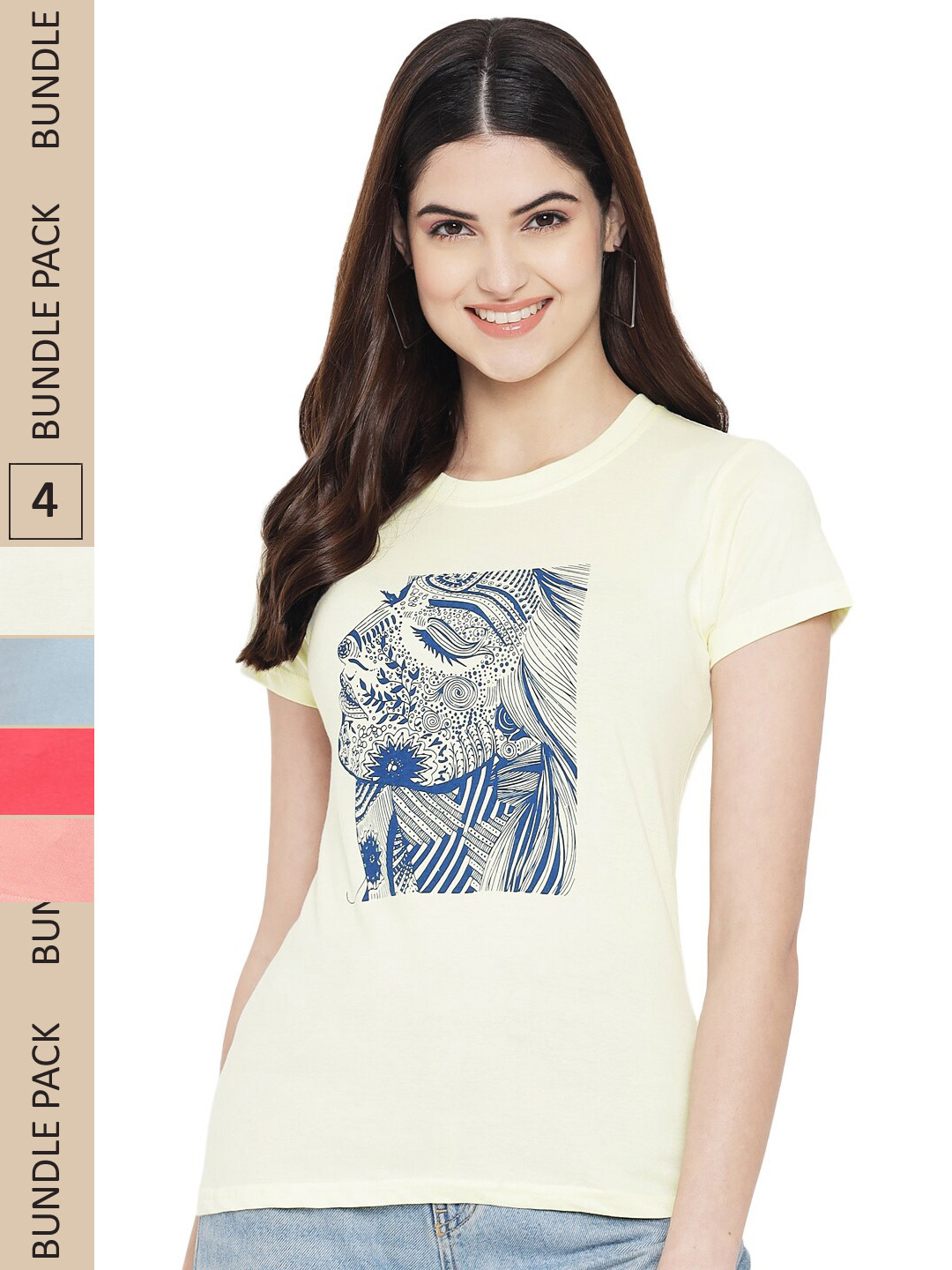 

Fabflee Pack Of 4 Printed Cotton T-shirts, Yellow