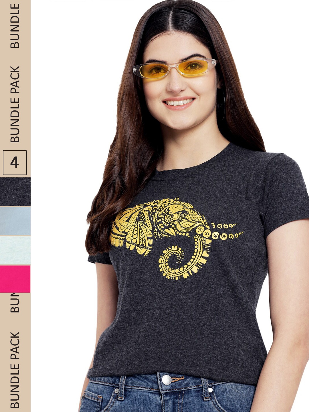 

Fabflee Pack Of 4 Graphic Printed Cotton T-shirt, Charcoal