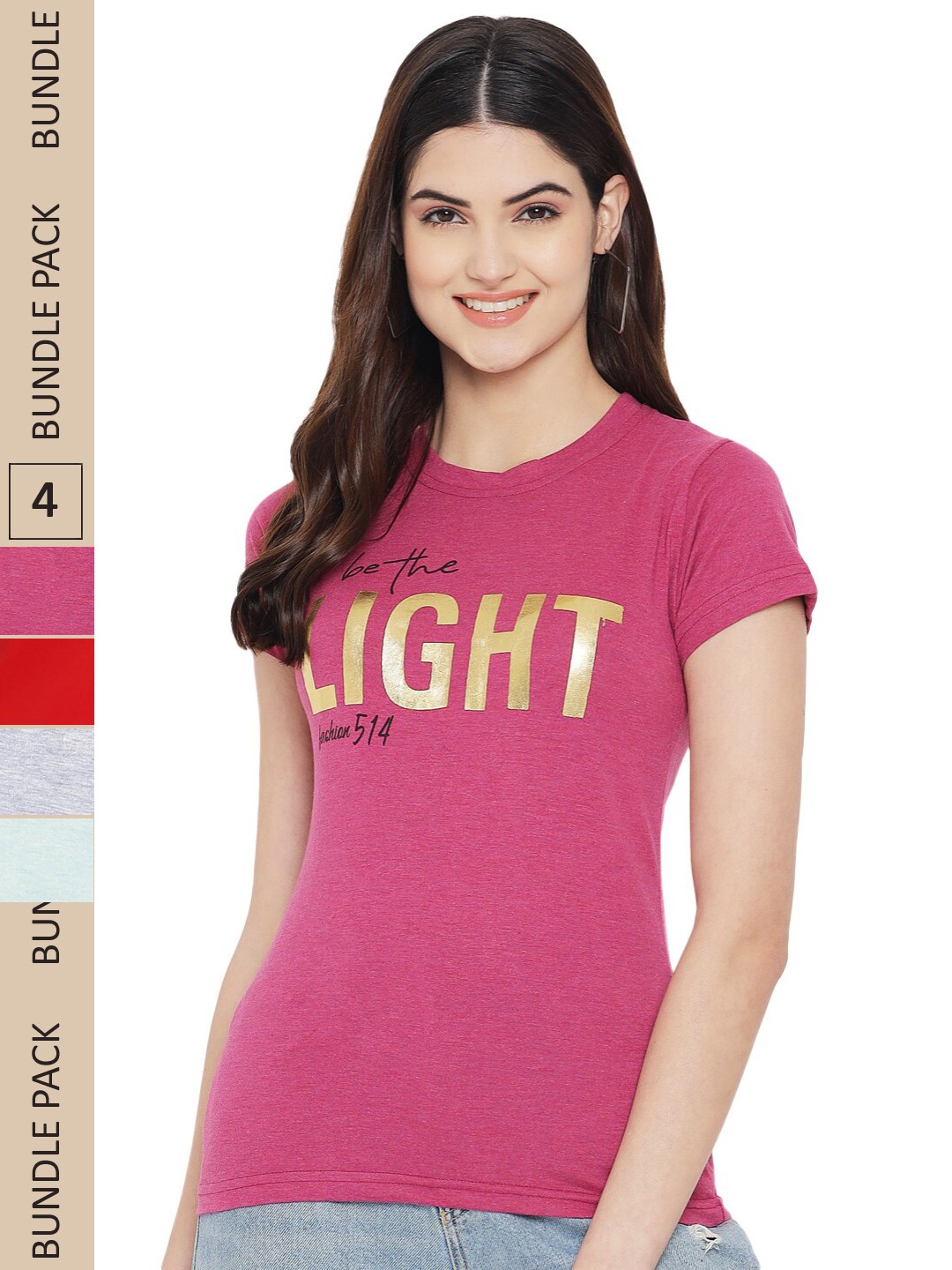 

Fabflee Pack Of 4 Typography Printed Cotton T-shirt, Pink