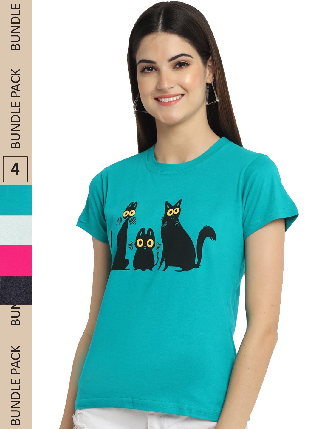 

Fabflee Pack Of 4 Printed Cotton T-shirts, Turquoise blue