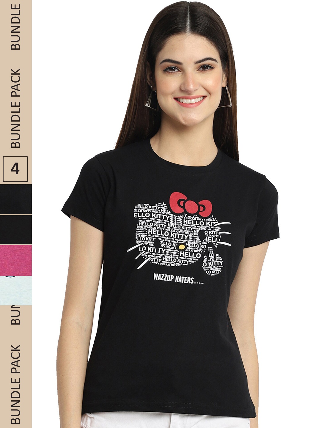 

Fabflee Pack Of 4 Printed Cotton T-shirts, Black