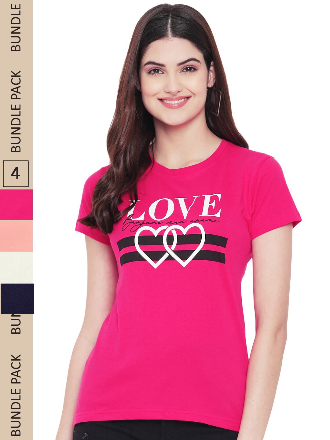 

Fabflee Pack of 4 Graphic Printed Round Neck Cotton T-shirt, Pink